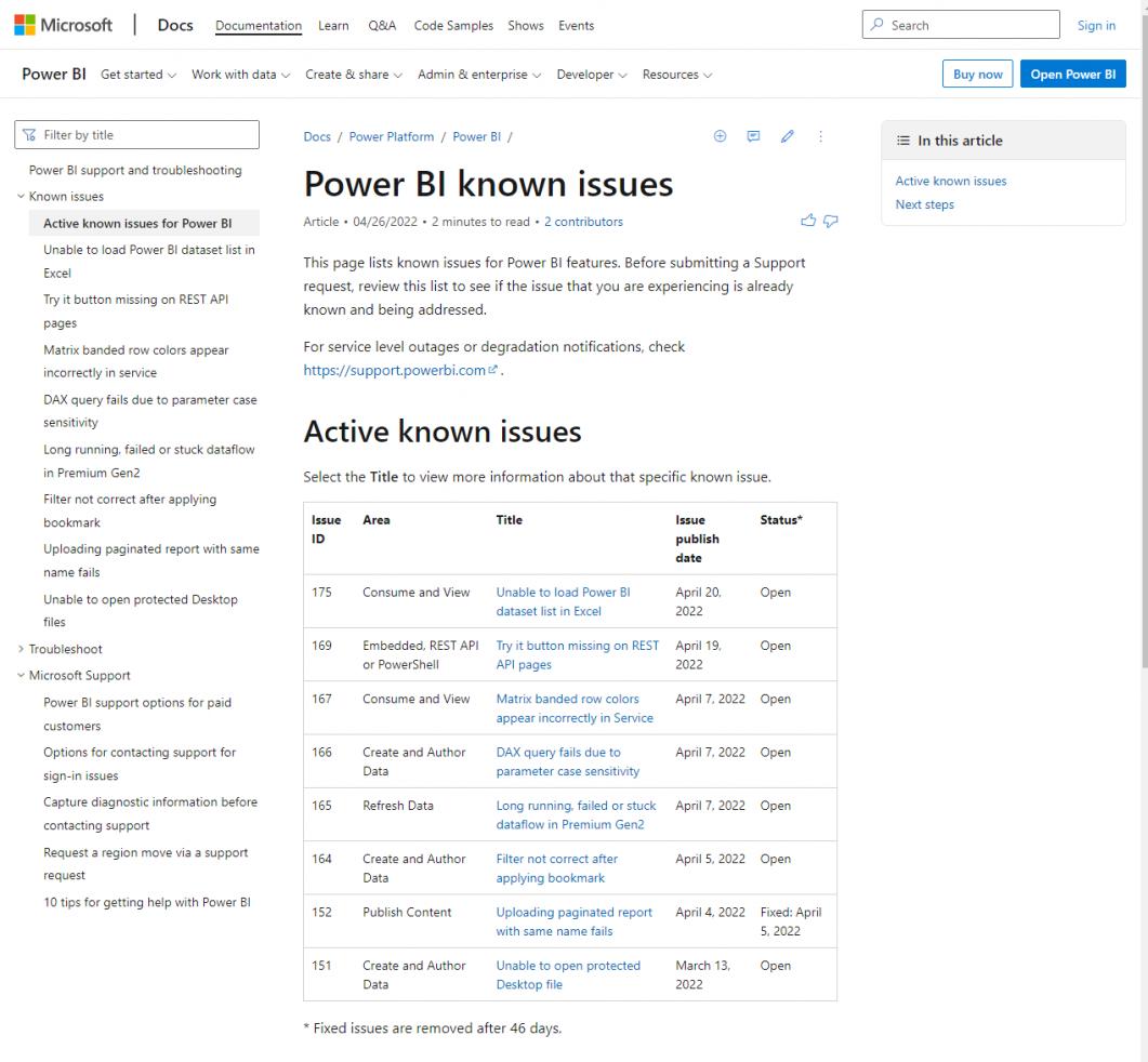 Power BI Blog: Power BI Known Issues Page